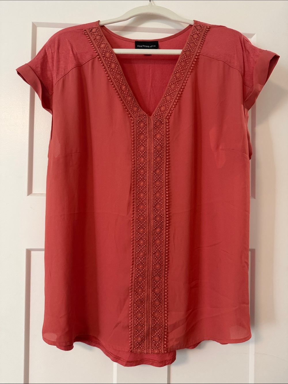 Fortune + Ivy Coral V‑Neck Embroidered Short‑Sleeve Blouse